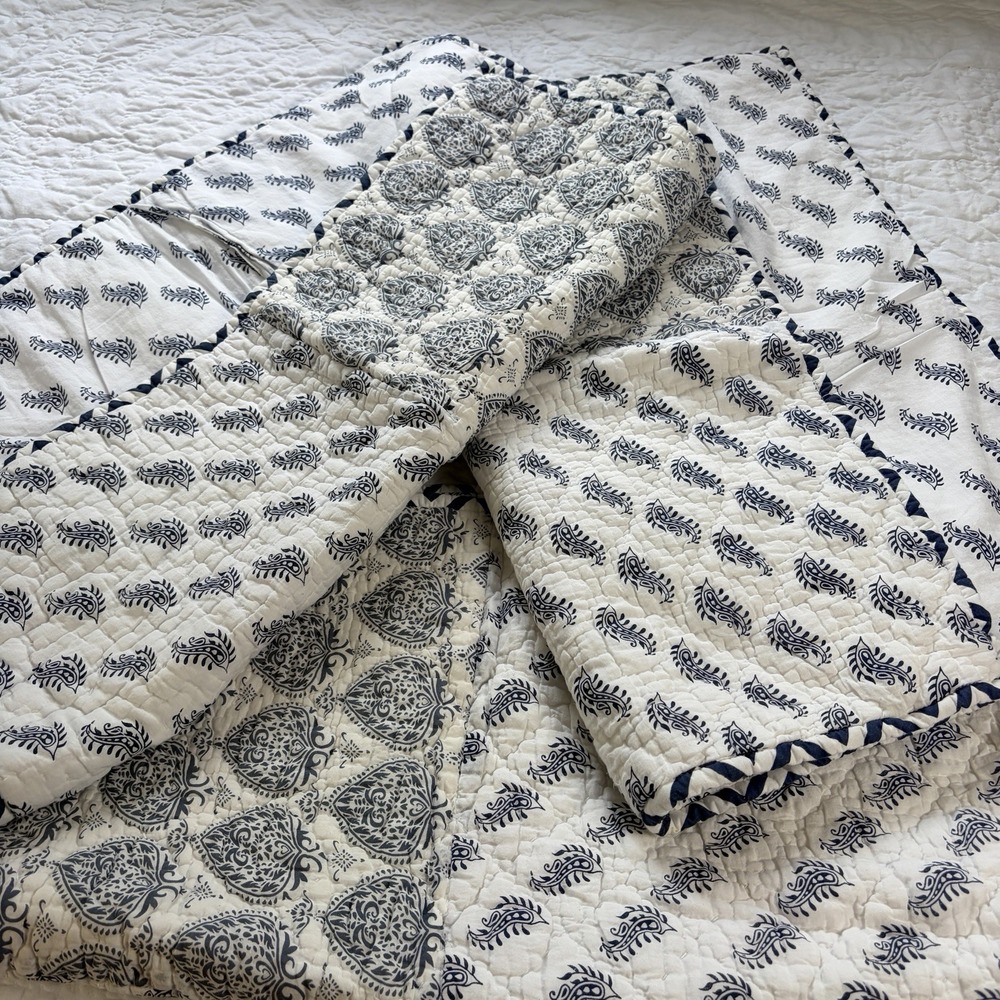 Ballard Designs Pippa Patchwork Euro Shams Blue White Cotton Quilted Paisley (3) - Picture 10 of 16